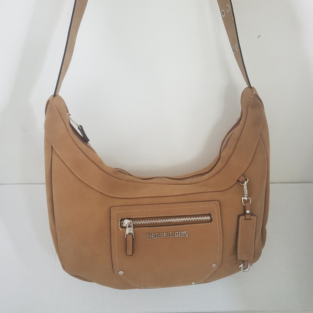 True Religion Suede PU Hobo Crossbody Bag Tan Adjustable Strap Zip Top Y2k Urban